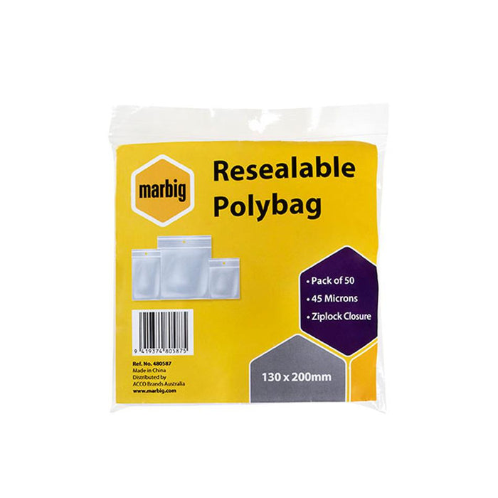 Marbig Resealable Polybags 130Mmx200Mm Pk50 480587