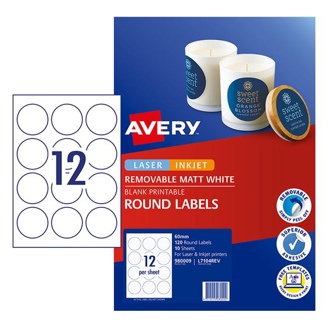 Avery Label L7104REV Round White 60mm 12up 10 Sheets-Officecentre