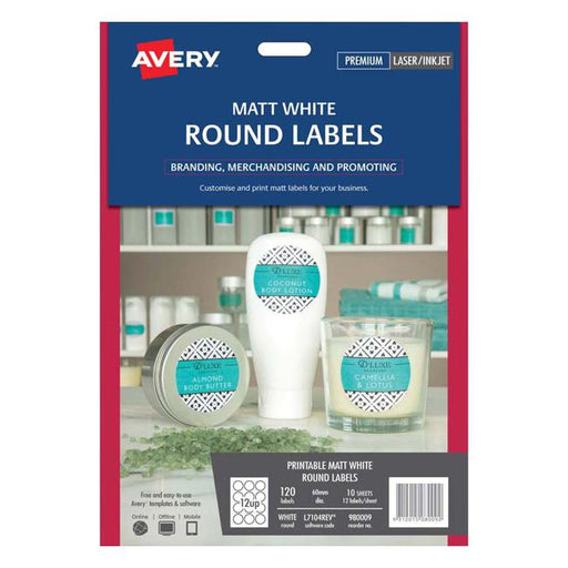 Avery Label L7104REV Round White 60mm 12up 10 Sheets-Officecentre