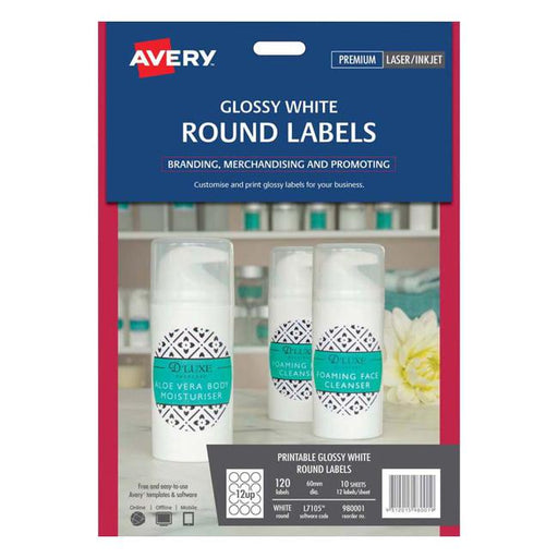 Avery Label L7105 Round White Glossy 60mm 12up 10 Sheets-Officecentre