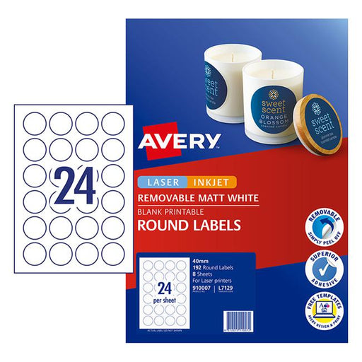 Avery Label L7129 Round Matte White 40mm 24up 8 Sheets-Officecentre