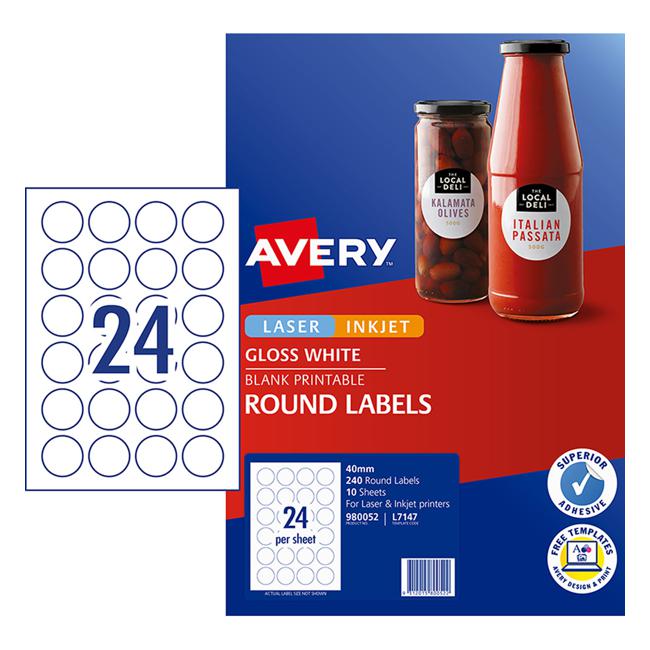 Avery Label L7147 White Gloss Round 40mm 24up 10 Sheets-Officecentre
