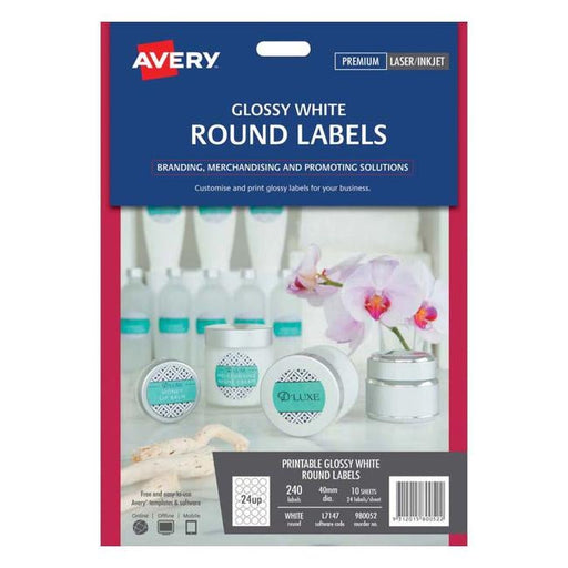 Avery Label L7147 White Gloss Round 40mm 24up 10 Sheets-Officecentre