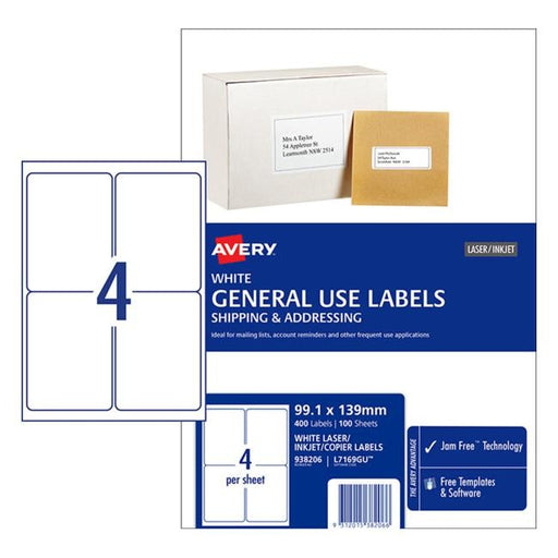 Avery Label L7169 General Use A4 4/Sheet 100 Sheets-Officecentre