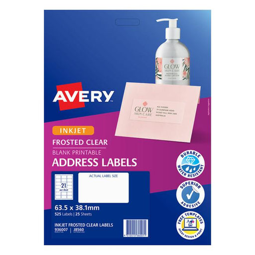 Avery Label Permanent J8560 Frosted Clear 21 Up 25 Sheets Inkjet 63.5mmx38.1mm-Officecentre