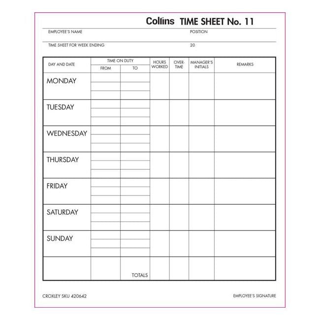 Collins Wage Time Sheets No.11 187x220mm 100 Leaf-Officecentre