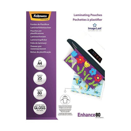 Fellowes Laminating Pouches A4 Gloss 80 Micron Pack 25-Officecentre