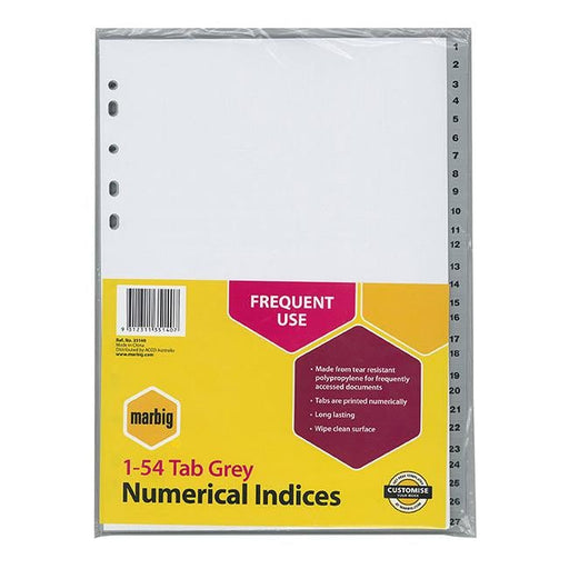 Marbig indices & dividers 1-54 tab pp a4 grey-Officecentre