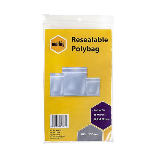 Marbig resealable polybags 100mmx155mm pk50-Officecentre