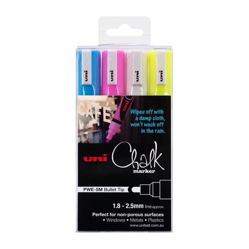 Uni Chalk Marker 1.8-2.5mm Bullet Tip 4 Piece Asstd PWE-5M-Officecentre