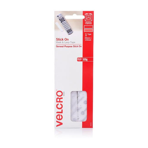 Velcro brand stick on hook & loop strips 20mm x 150mm white pk1-Officecentre