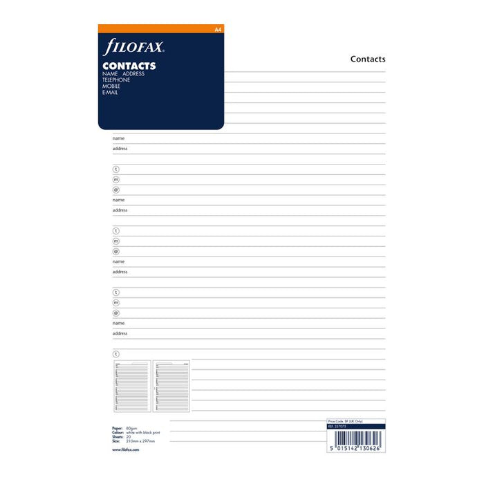 Filofax Organiser Refill Contacts A4 White F257075_1