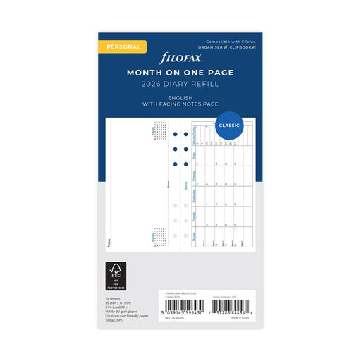 Filofax Refill Classic Month To A Page With Notes Personal 2026 1001665_1