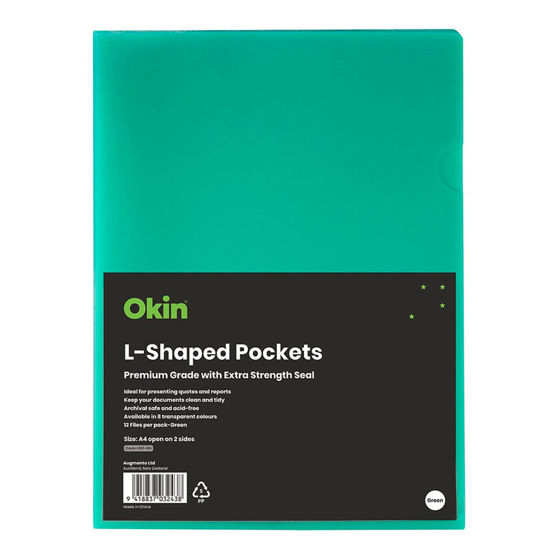 Okin L Shaped Pockets A4 Green Pack of 12