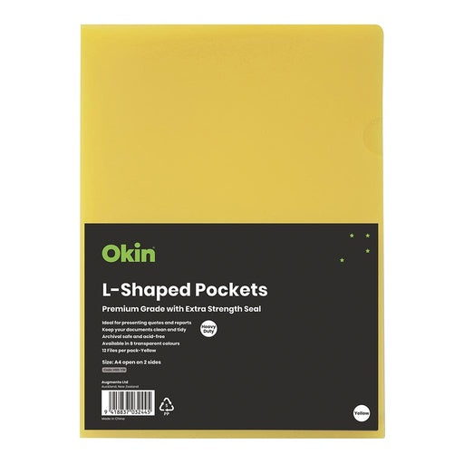 Okin L Shaped Pockets A4 Yellow Pack 12