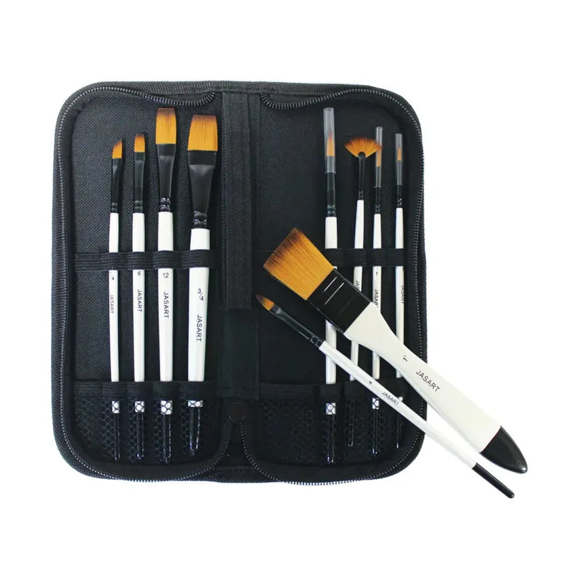 Jasart Short Handle 10 Piece Brush Wallet, Pearl White Handles_2