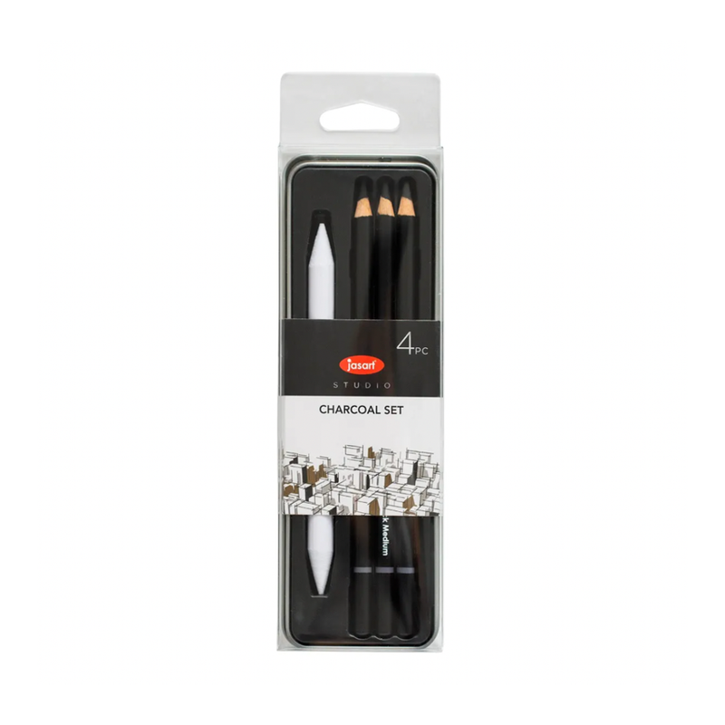 Jasart Studio Charcoal Tin of 4 with Pencils and Paper Stump_1