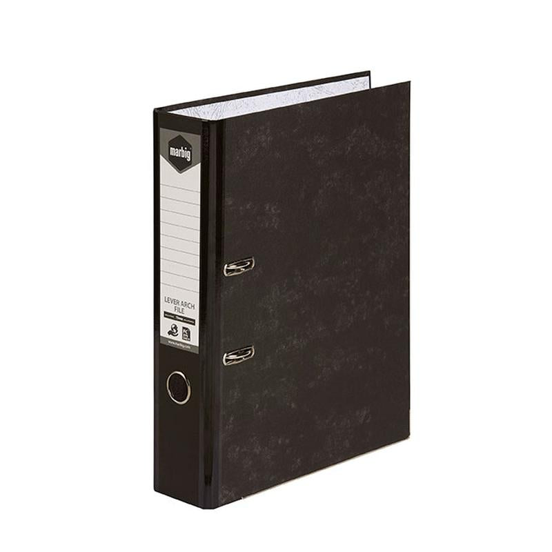 Marbig Lever Arch File Foolscap Reinforced Spine Black Mottle 63075M_1