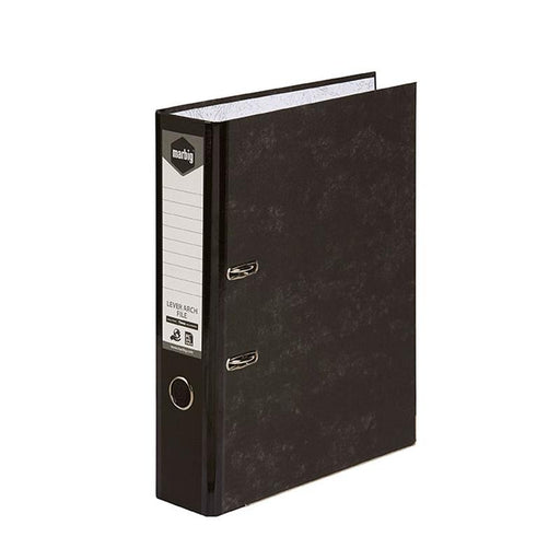 Marbig Lever Arch File Foolscap Reinforced Spine Black Mottle 63075M_1