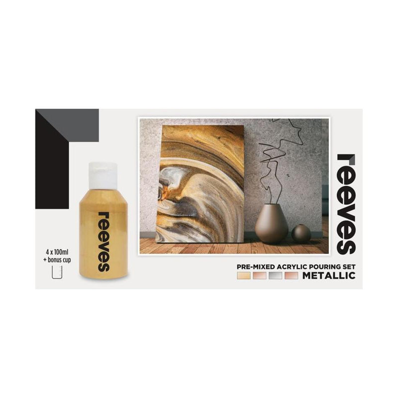 Reeves Pre Mixed Acrylic Pouring Paints Set of 4 Metallic, 100ml_1