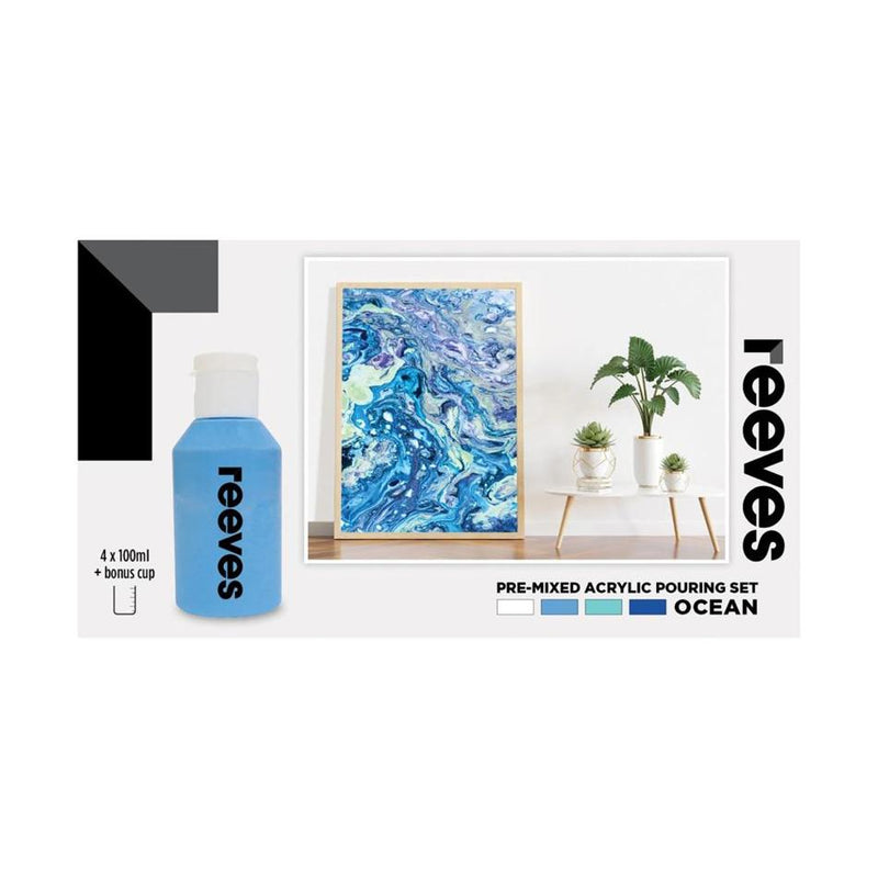 Reeves Pre Mixed Acrylic Pouring Paints Set of 4 Ocean, 100ml Each_1