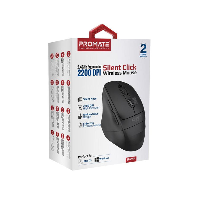 Promate Ergonomic Silent Click Wireless Mouse SAMIT.BLK