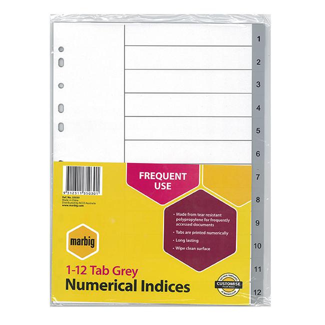 Marbig indices & dividers 1-12 tab pp a4 grey