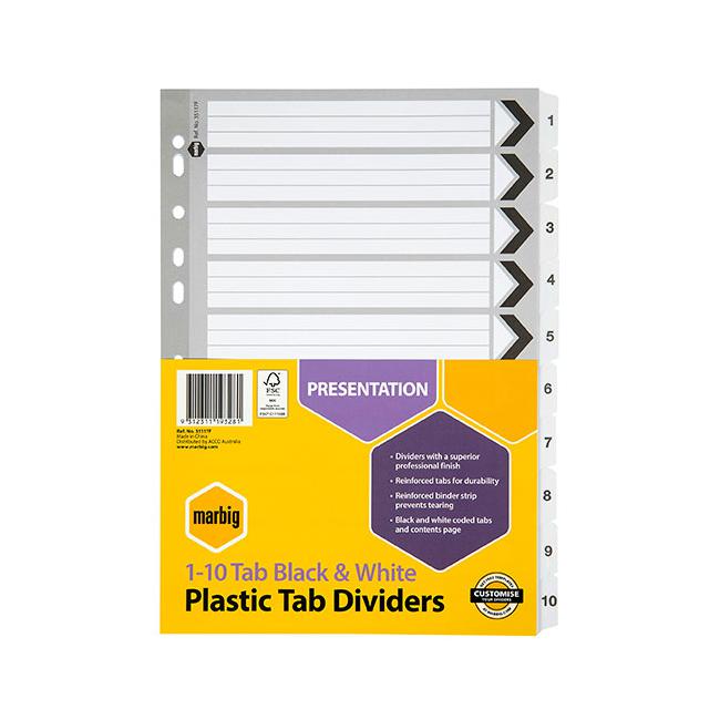 Marbig indices & dividers 1-10 tab reinforced a4 black