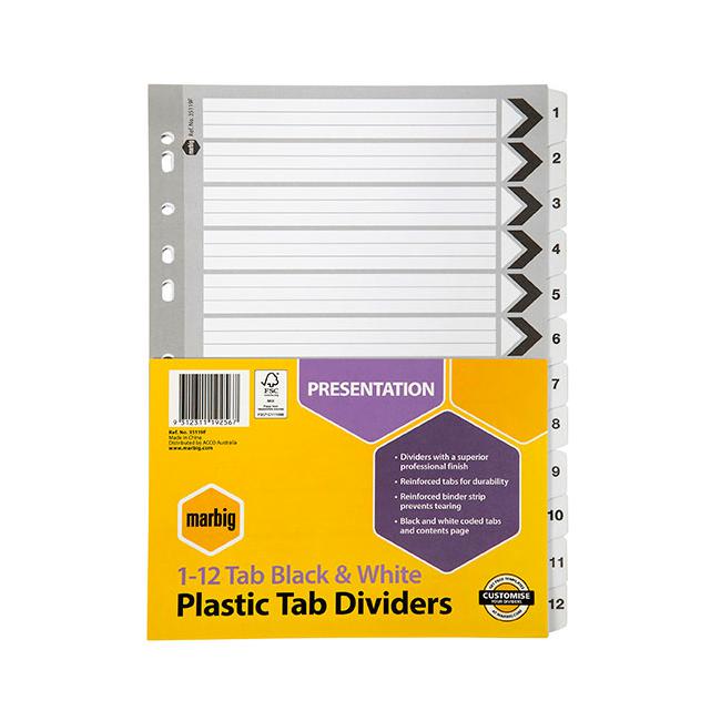 Marbig indices & dividers 1-12 tab reinforced a4 black