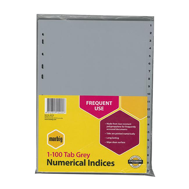 Marbig indices & dividers 1-100 tab pp a4 grey