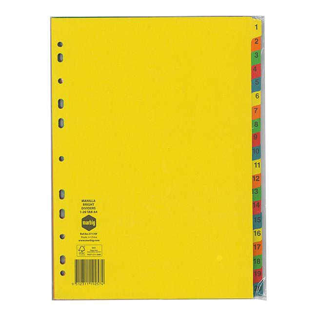 Marbig indices & dividers 1-20 tab manilla a4 brights