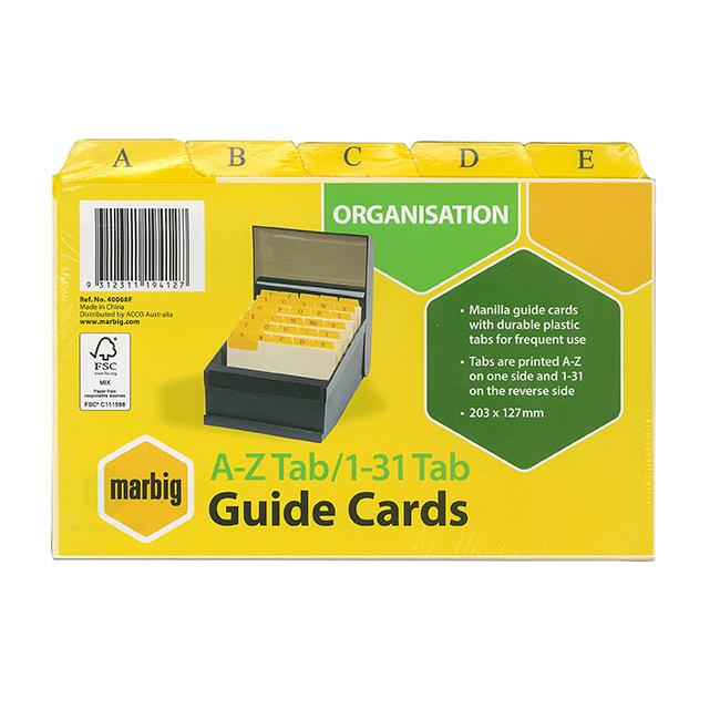 Marbig guide card a-z/1-31 tab manilla 8x5 buff