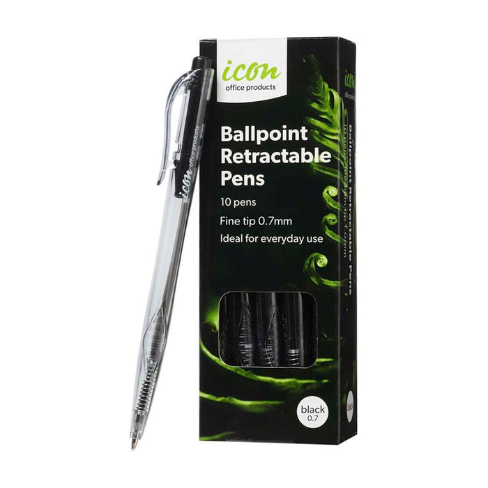 Icon Ballpoint Retractable Pens Fine Black, Pack of 10 IBPRFBLK10