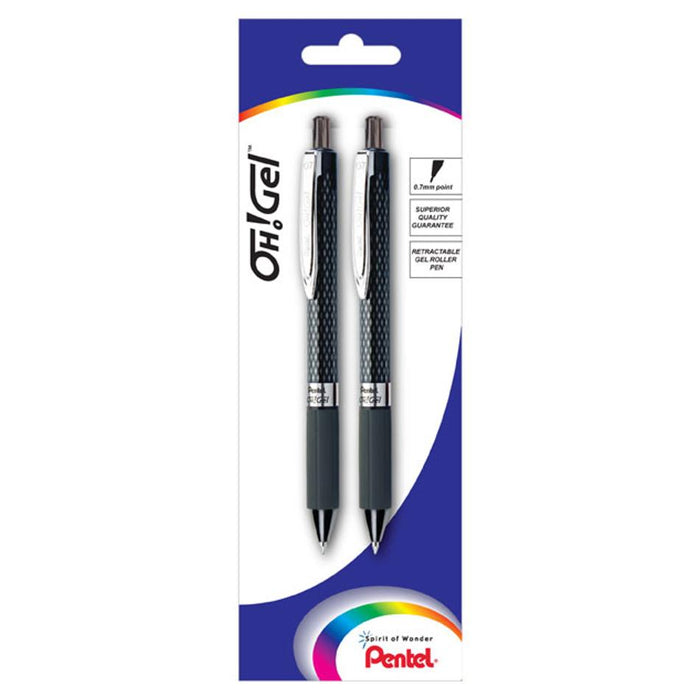 Pentel Oh Gel Gell Roller Pen Retractable K497 0.7Mm Black Pack 2 H/S