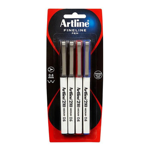 Artline 210 fineliner pen 0.6mm astd pk4-Officecentre