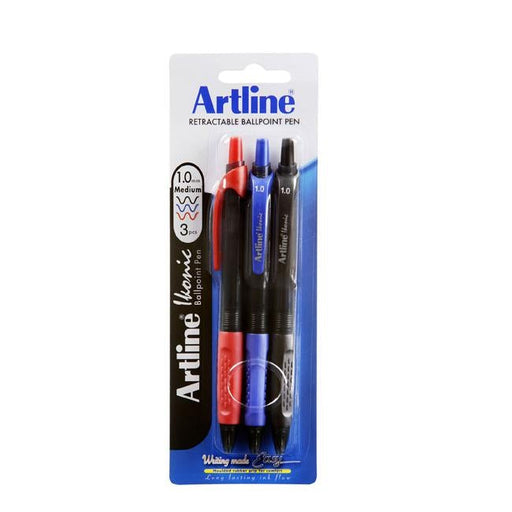 Artline ikonic ballpoint retractable grip medium astd 3pk-Officecentre