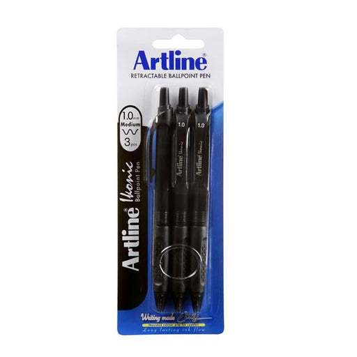 Artline ikonic ballpoint retractable grip medium black 3pk-Officecentre