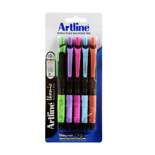 Artline ikonic ballpoint retractable grip medium brights 5pk-Officecentre