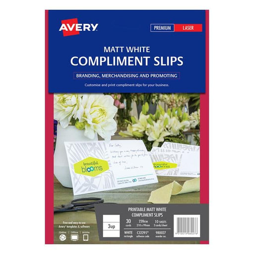Avery Compliment Card C32295 Matt White D/S 3 Up 10 Sheets Laser 210x99mm-Officecentre