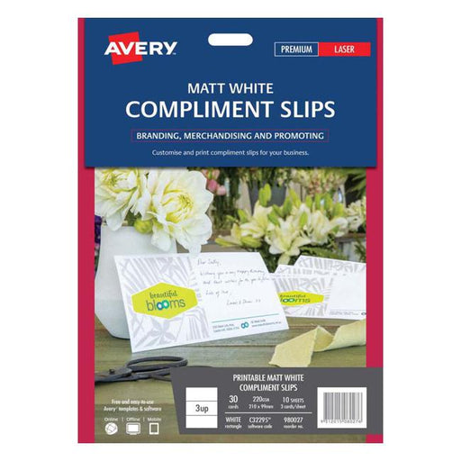 Avery Compliment Card C32295 Matt White D/S 3 Up 10 Sheets Laser 210x99mm-Officecentre