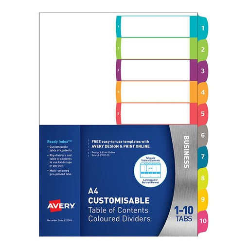 Avery Customisable Table Of Contents A4 1-10 Tabs Coloured-Officecentre
