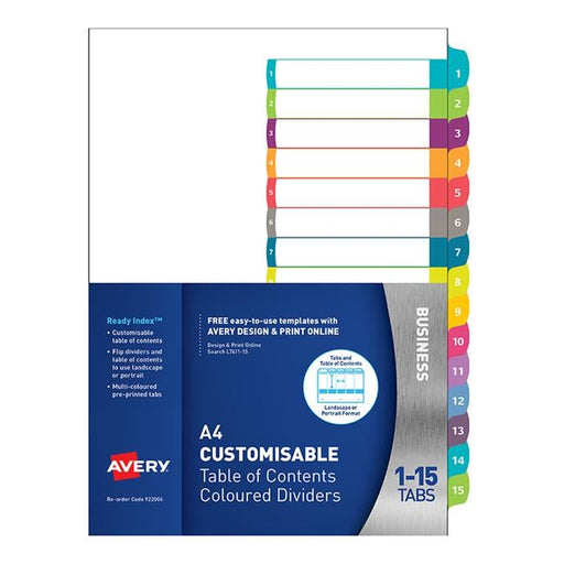 Avery Customisable Table Of Contents A4 1-15 Tabs Coloured-Officecentre
