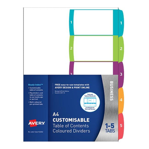 Avery Customisable Table Of Contents A4 1-5 Tabs Coloured-Officecentre