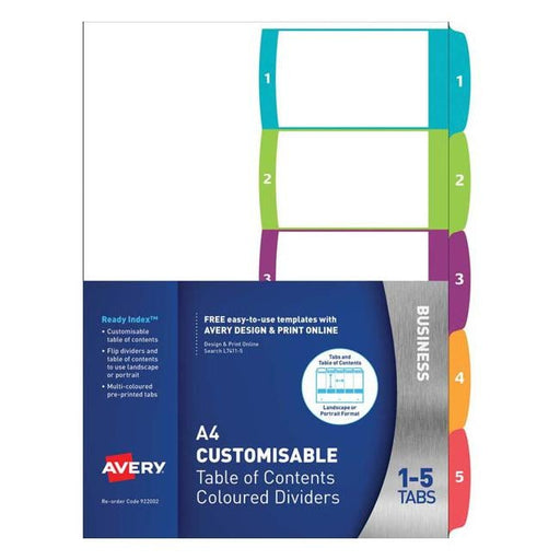Avery Customisable Table Of Contents A4 1-5 Tabs Coloured-Officecentre