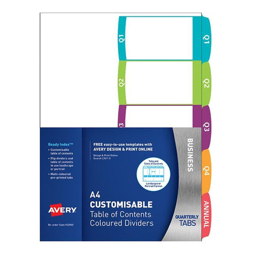 Avery Customisable Table Of Contents A4 Quarterly 5 Tabs Coloured-Officecentre