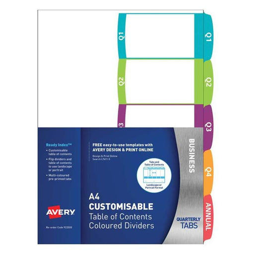 Avery Customisable Table Of Contents A4 Quarterly 5 Tabs Coloured-Officecentre