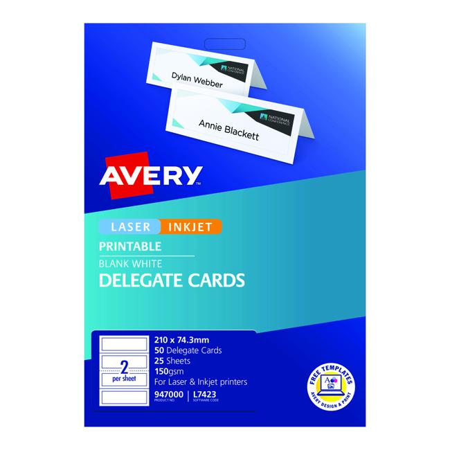 Avery Delegate Cards 210x74.3mm 50 Cards 25 Sheets Inkjet Laser-Officecentre