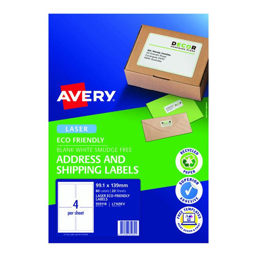 Avery Eco Friendly Address Labels 99.1x139mm 4up 20 Sheets-Officecentre