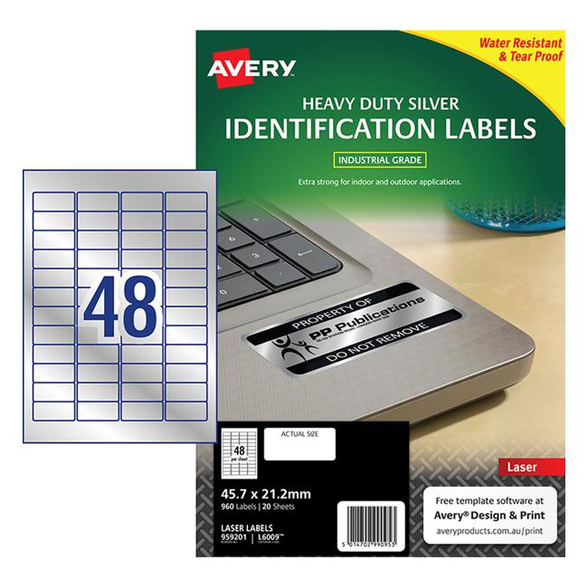 Avery Heavy Duty Id Label L6009 Silver 48 Up 20 Sheets Laser 47.5x21.2mm-Officecentre