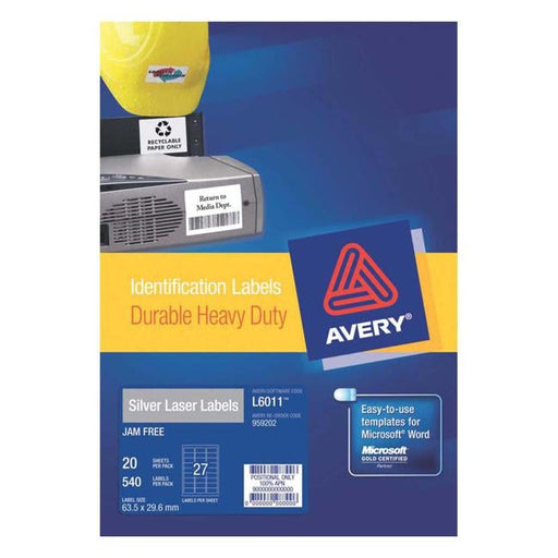 Avery Heavy Duty Id Label L6011 Silver 27 Up 20 Sheets Laser 63.5x29.6mm-Officecentre